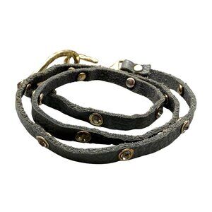 Vintage Double Wrap Bracelet Gray Leather Rhinestone Punk Gold Tone 21 inches
